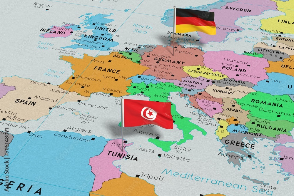 Obraz premium Germany and Tunisia - pin flags on political map - 3D illustration