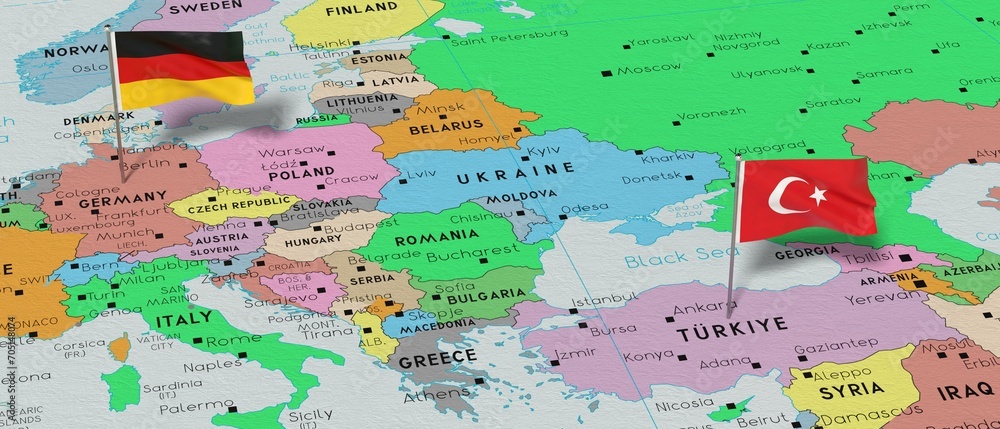 Germany and Turkyie - pin flags on political map - 3D illustration