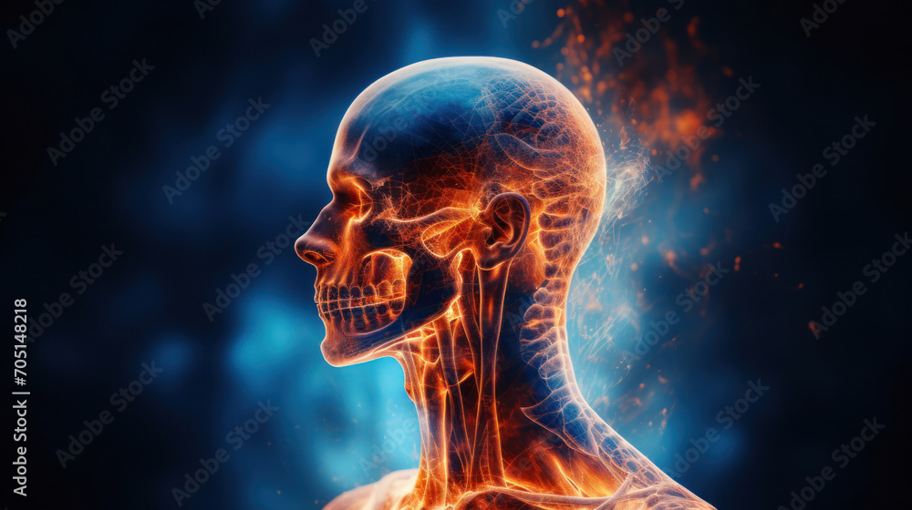 In the X-rays portrayal,  a radiant blue skeletal structure emerges amidst fading lighting,  highlighted by bursts of orange for pain,  with a normal human head against the dark background