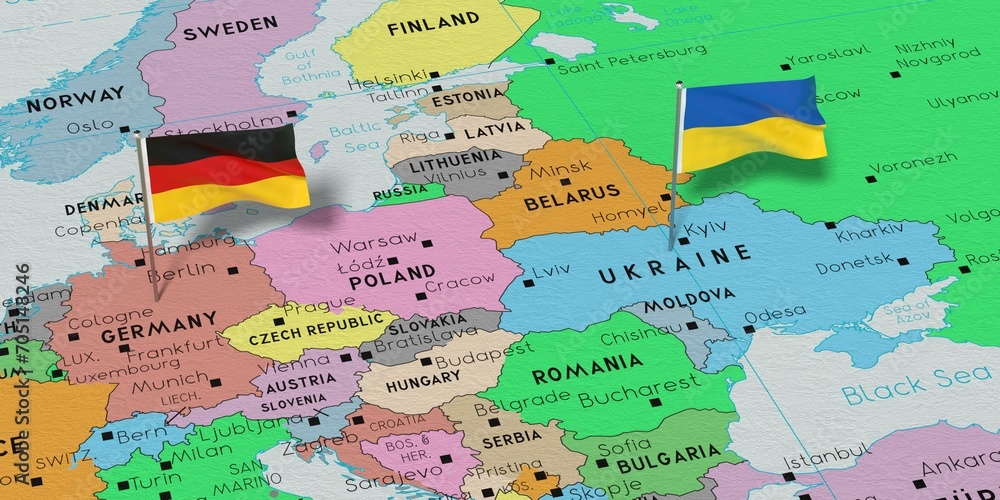 Germany and Ukraine - pin flags on political map - 3D illustration
