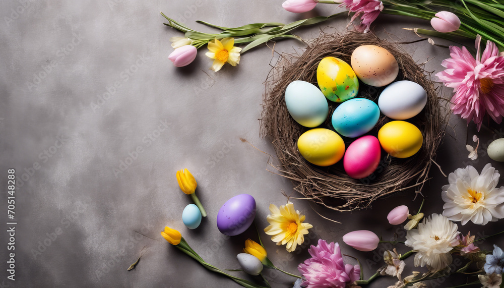 Colorful Easter eggs and blooming flowers arranged around a nest with eggs on a textured surface.