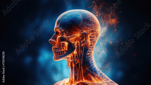 In the X-rays portrayal,  a radiant blue skeletal structure emerges amidst fading lighting,  highlighted by bursts of orange for pain,  with a normal human head against the dark background photo