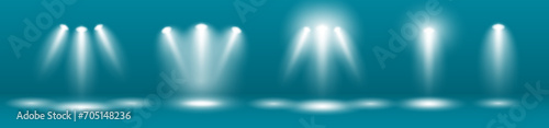 A set of spotlights to illuminate the stage with white rays on a dark background. Luminous transparent lighting effects. Vector illustration.