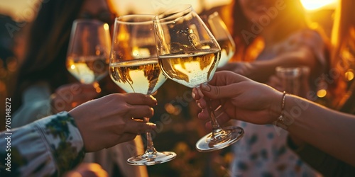 A clique of female friends cheers with glasses of Chardonnay during sunset. Close-up.