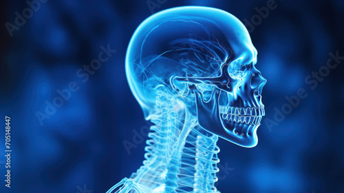 X-ray reveals a luminous blue skeleton with fading light, punctuated by orange pain indicators, with a typical human head against a dark background