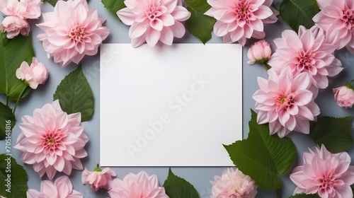 Flowers composition. Frame made of pink dahlia flowers on pastel background. Flat lay  top view  copy space