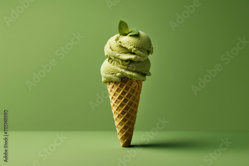 A matcha green tea ice cream cone with a mint leaf on top. (Generative AI) photo