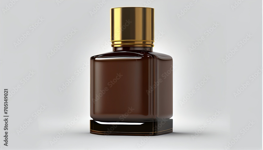 An isolated front view of a brown, scented bottle with gold accents on a white background An isolated front view of a brown, scented bottle with gold accents on a white background
