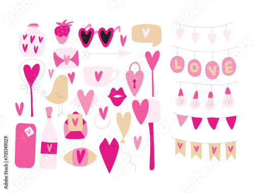 Set of decorative elements for Valentine's day for your design. Hearts, balls, candies, birds, letters, flags. Sticker pack. Isolated elements on a white background. Doodle. Hand drawn. Vector