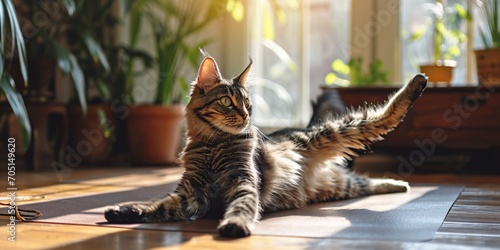 Feline wellness or joyful female in yoga extending limbs for physical flexibility health or well-being. Baby cat companion or serene lady in fitness routine or practice preparing in home training. photo