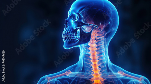 Amidst the X-rays depiction,  a radiant blue skeletal system fades into darkness,  marked by orange indications of pain,  with a normal human head photo