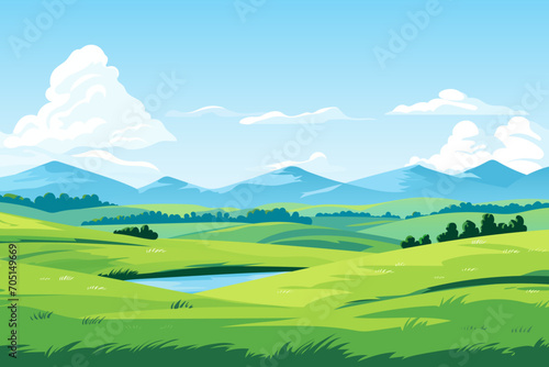 Landscape of beautiful green meadows, fields, lake and trees against the backdrop of mountains and clouds.