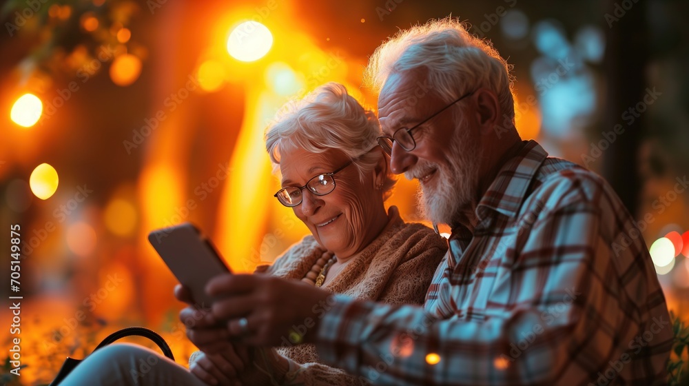 Obraz premium Senior Couple Smiling Over Smartphone in Cozy Autumn Setting