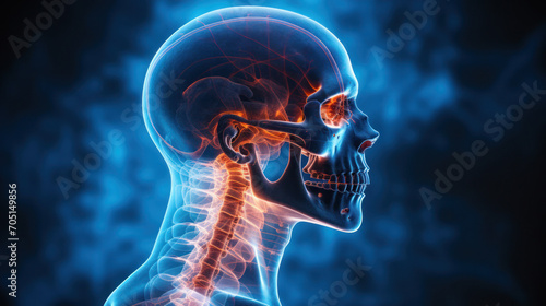 Glowing blue in the X-ray,  the skeletal system fades into darkness,  marked by bursts of orange light for pain,  alongside a typical human head #705149856
