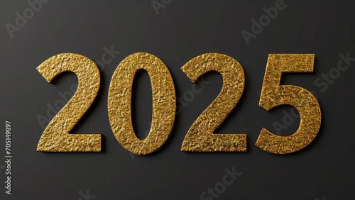 Happy new Year Silvester New Year, New Year's Eve 2025 party event celebration holiday greeting card template with text - Gold glittering metal metallic 3d year number, isolated on black background photo