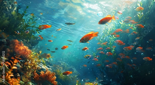 beautiful underwater scenery with various types of fish and coral reefs 