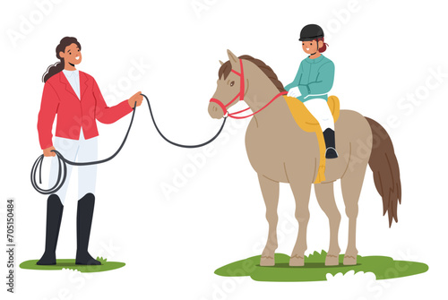 Instructor Patiently Guides The Child In Mastering Horseback Riding, Fostering Confidence And Balance For Young Rider