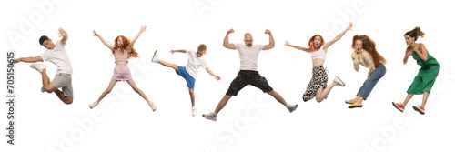 Collage made of different people of diverse age and gender jumping in casual clothes isolated over white background. Concept of human diversity, emotions, fashion and style, ad