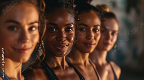 A group of young female athletes posing in a studio  donning fitness attire and showing their passion for exercising and a healthy way of living.