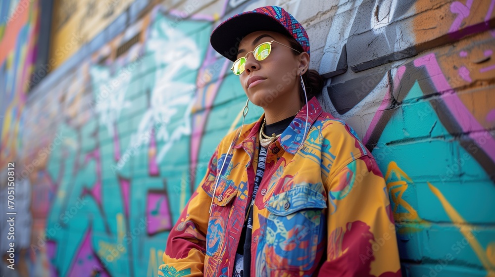 Obraz premium Stylish female in vibrant '90s urban wear with graffiti art backdrop