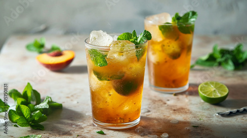 peach refreshing cocktail with ice, lemon mint