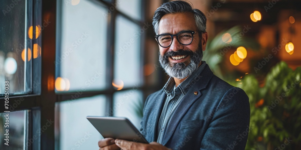 Cheerful Latino Hispanic bearded dapper middle-aged executive corporate leader grinning Indian elder tycoon CEO holding electronic tablet Cheerful Latino Hispanic bearded dapper middle-aged executive corporate leader grinning Indian elder tycoon CEO holding electronic tablet
