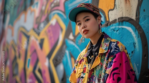 Urban Asian chic model in bold '90s streetwear against a colorful graffiti backdrop