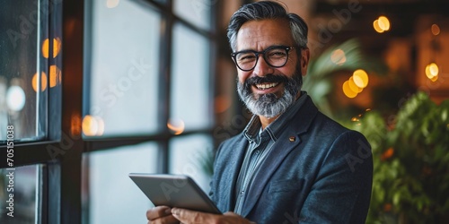 Cheerful Latino Hispanic bearded dapper middle-aged executive corporate leader grinning Indian elder tycoon CEO holding electronic tablet 