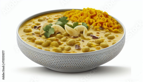 Indian dish Dal Dhokali, isolated on a white background, is made with canary beans. photo