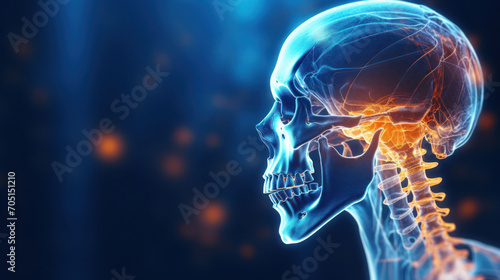 X-ray reveals glowing blue skeleton,  fading light,  and orange pain indicators,  with a typical human head against a dark background photo