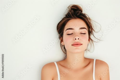 Minimalist portrait of a woman with a serene look, white background