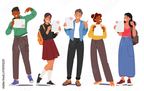 Excited Students Characters Proudly Display Their A Test Results, Faces Beaming With Accomplishment And Achievement