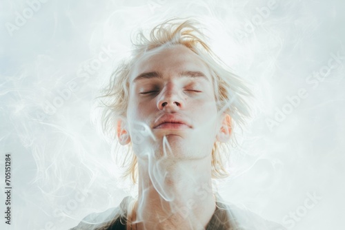 Mystic portrait of a man with blonde hair, spiritual vibe, white background
