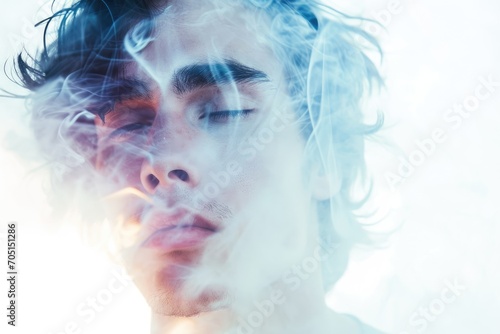 Mystical portrait of a man with a dreamlike aura, white background