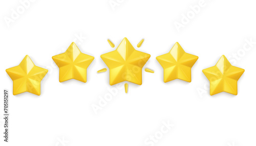 Five glossy yellow stars symbolize gaming achievements, reflecting customer feedback on website employees. Realistic 3D design tailored for mobile applications. Vector illustration