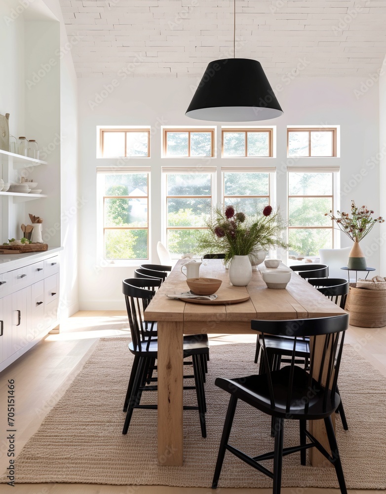 Black and White Farmhouse Dining Room With Large Windows
