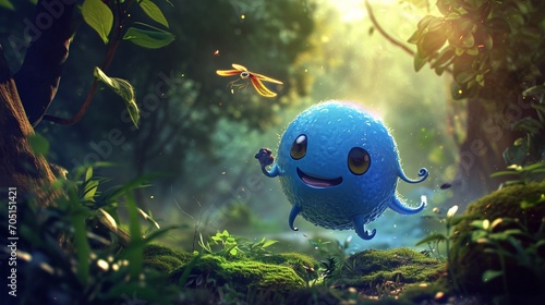 octopus on the tree, Running through a magical forest, a delightful blue ball creature joyfully engages in the pursuit of a flying firefly. This hyper-realistic scene, captured with perfect lighting a © SANA