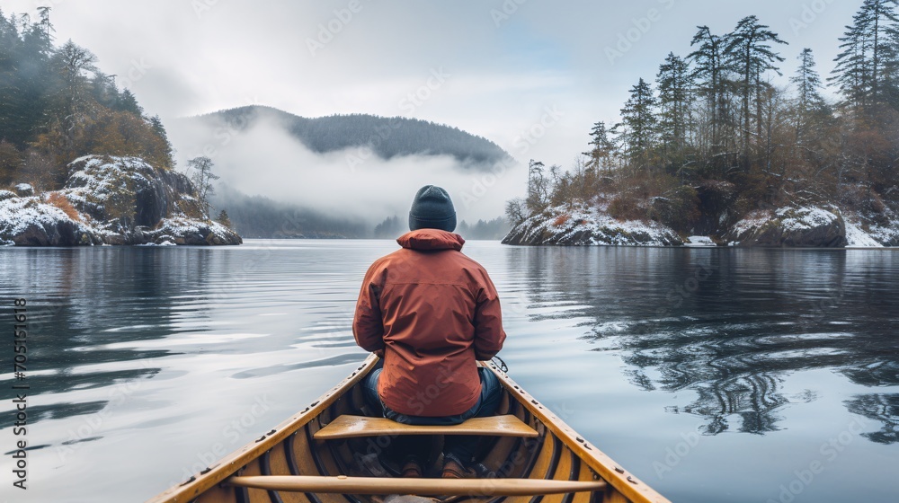 A man in a winter jacket kayaking at Spirit Island in a national reserve. A man in a winter jacket kayaking at Spirit Island in a national reserve.