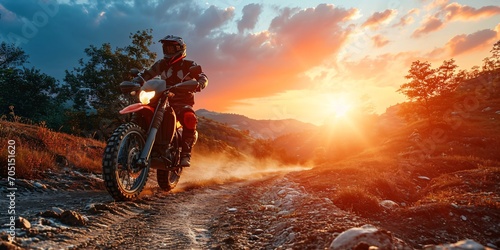 A skilled motorcyclist in complete moto gear rides an enduro bike on a mountain road at sunset, with a 3D rendered background, highlighting the idea of high-speed motoring as a hobby and journey. © ckybe