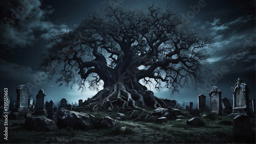 big and scary tree, cemetery around the tree night moon background