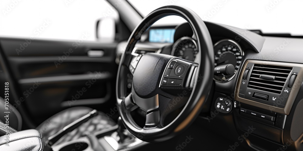 Contemporary vehicle cabin featuring a control wheel with multimedia phone buttons, set against a white backdrop.