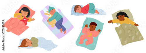 Peaceful Children Characters Sleep, Nestled In Dreams. Soft Breaths And Gentle Sighs Create A Lullaby, Vector
