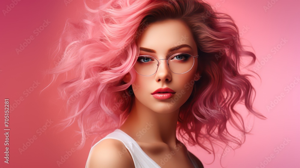Portrait of beautiful young woman with pink hair on pink background