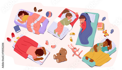Sleeping Kids Characters. In The Cozy Kindergarten Room, Little Ones Peacefully Rest On Mats, Snuggled In Blankets