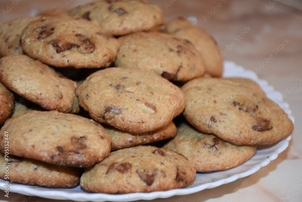  Chocolate chip cookies on a plate. Homemade cookies with chocolate