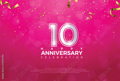 Tenth 10th Anniversary celebration, 10 Anniversary celebration, Realistic 3d sign, Pink background, festive illustration, Silver number 10 sparkling Glitter With Confetti, 10,11 photo