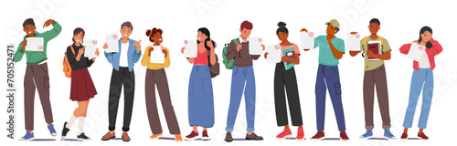 Anxious Students Male Female Characters Reveal Test Results With A Mix Of Relief And Tension, Vector Illustration