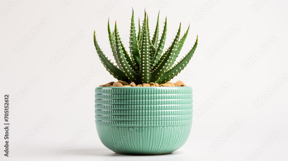 A potted cacti or succulent plant sits isolated against a white background, seen from the front. A potted cacti or succulent plant sits isolated against a white background, seen from the front.