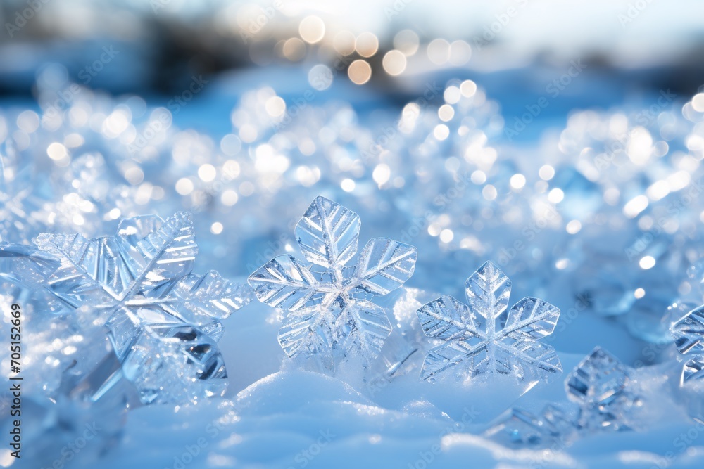 Sparkling snowflakes on winter snow, surrounded by festive twinkling lights and icy gems. Sparkling snowflakes on winter snow, surrounded by festive twinkling lights and icy gems.