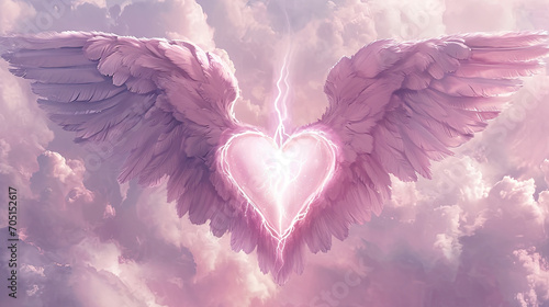 Generative AI, Pink magenta fantastic 3d clouds and heart with wings, sky and landscape. Gentle colors and with bright lights. 